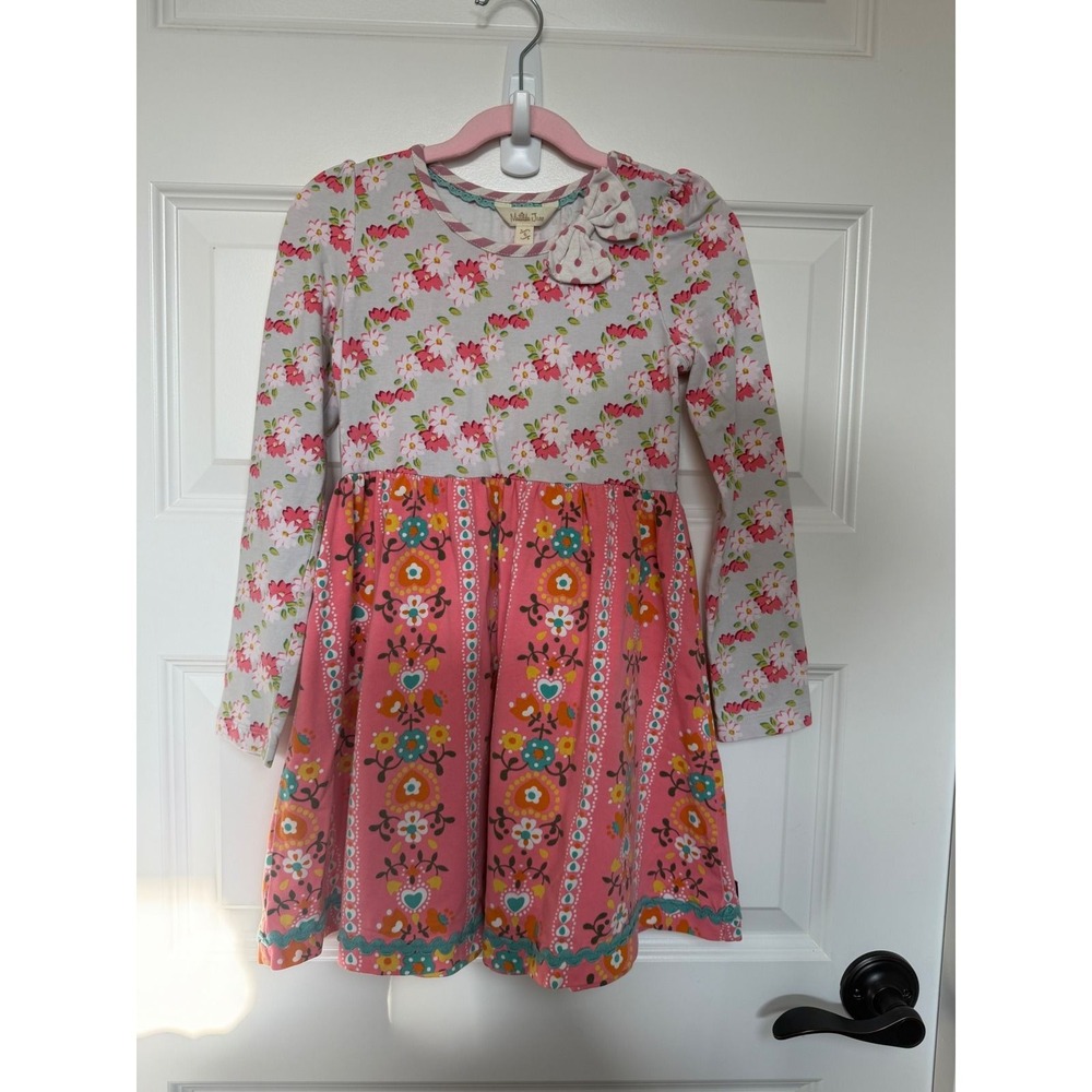 28.Matilda Jane Girls Pink Gray Floral Mixed Print Long Sleeve Dress Size 6